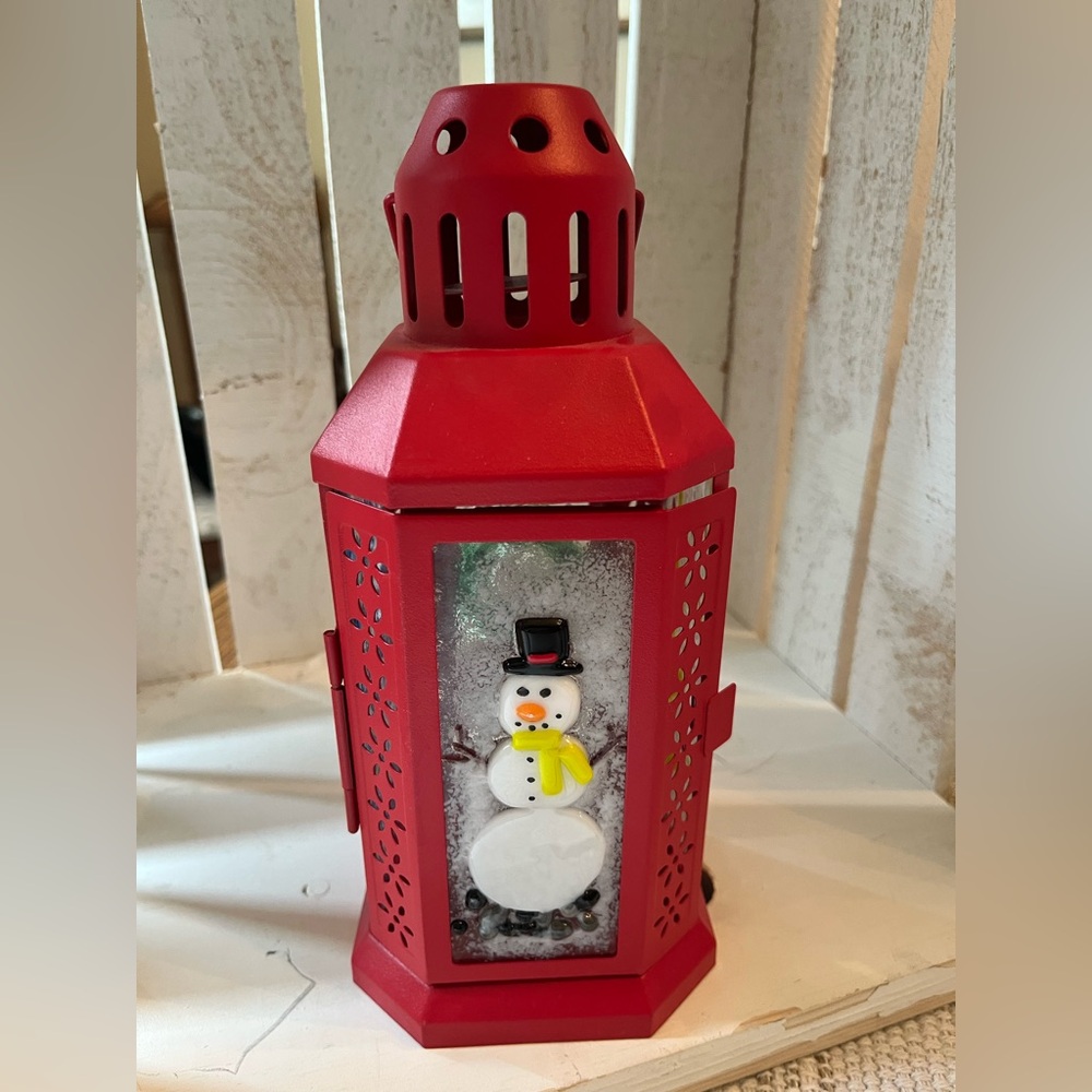 Red Lantern custom Fused Glass panels Lights Up Snowman Snowflakes wreath tree
